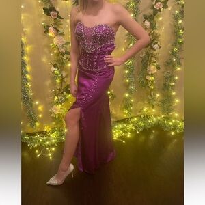 037 Precious Formals Purple Strapless Gown with Beaded Details